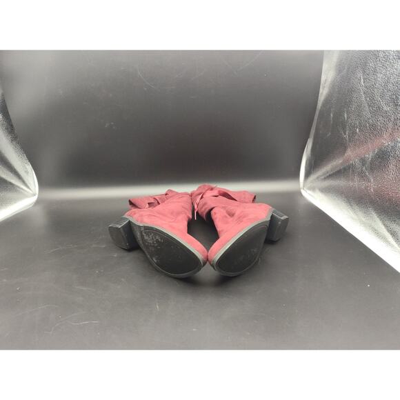 Women’s Burgundy Over-the-Knee Boots Size 8.5 Suede-Look Zip Tie Back Block Heel - Picture 8 of 9